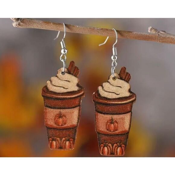 NWT Wooden Pumpkin Coffee Cup Design Autumn Fall Dangle Earrings - Picture 1 of 6
